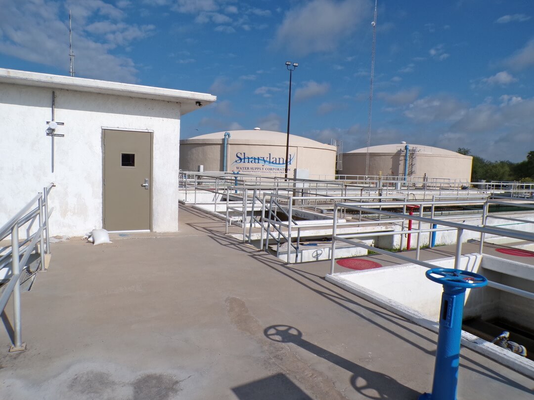 Sharyland Water Supply Corporation water treatment facility with storage tanks and infrastructure platforms