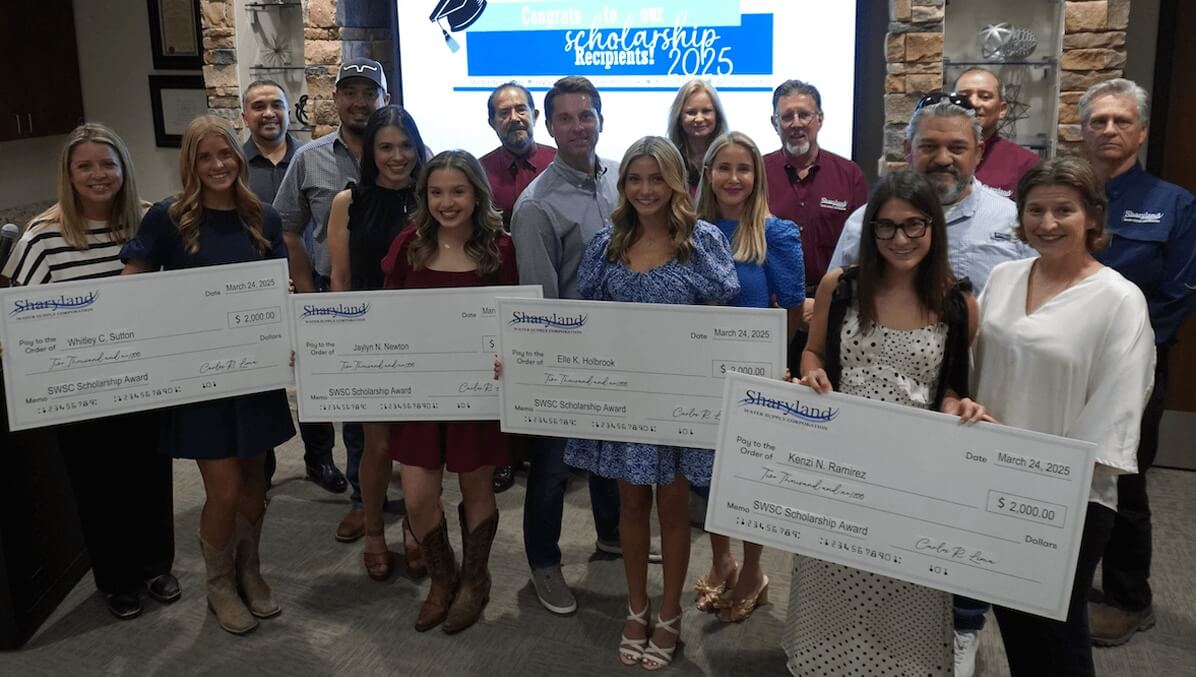 2025 Scholarship Recipients receiving their scholarship checks from Sharyland Water
